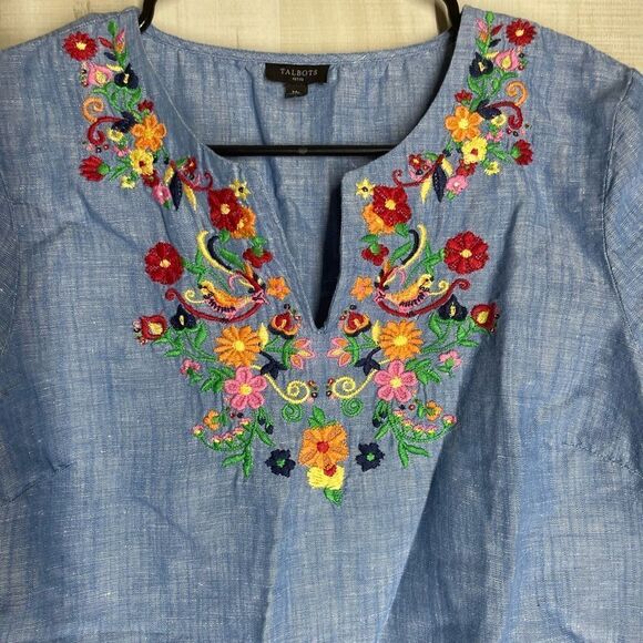 Talbots denim chambray short sleeve‎ embroidered top blouse, size medium petite - Picture 3 of 16